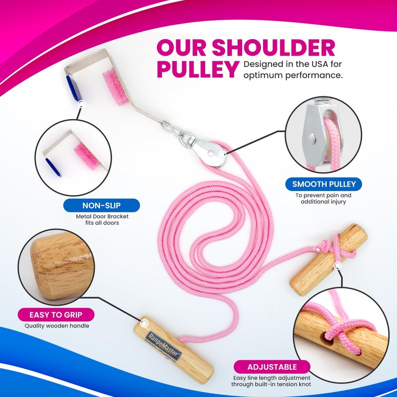 RangeMaster Econo Ranger Shoulder Pulley │ Physical Therapy Exercises │ Aids in Recovery and Rehabilitation │ Increases Mobility │ Wooden Handles for Comfort │ Metal Bracket Door Attachment (Pink) - Image 2